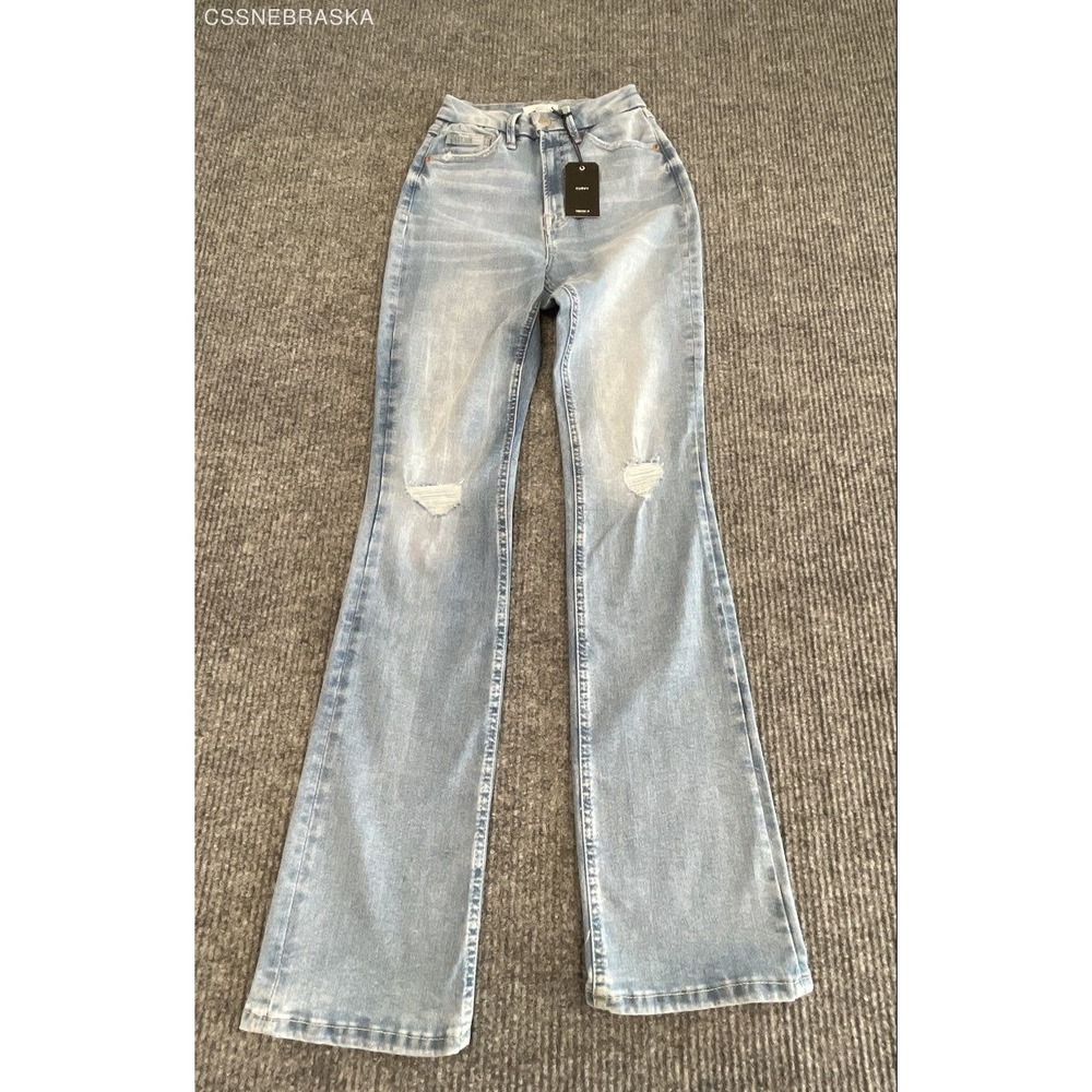 Forever 21 Blue high-rise waist light-wash distressed flare jeans - Size 25